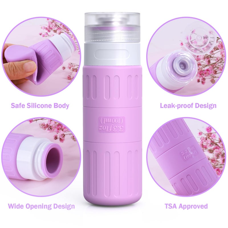 GLAMFIELDS Travel Bottles for Toiletries,TSA Approved 3.3oz Size LeakProof Silicone Toiletry Containers for Shampoo, Conditioner,Easy to Squeeze，Portable Travel Essentials for Lotion(18 Pack) Purple - Image 3